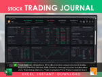 Stock Trading Journal Excel template by RocketSheets displaying trade analytics, including drawdown, risk-to-reward ratio, trade setup statistics, evaluation scores, Kelly Criterion, and win rate analysis.