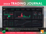 Stock Trading Journal dashboard in Excel by RocketSheets displaying overall performance, trade statistics, distribution of gains and losses, performance curves, and periodic performance for tracking and analyzing stock trades.