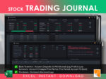 Stock Trading Journal Excel template by RocketSheets showing bank transfers and dividends logs, including account deposits, withdrawals, profit & loss summary, and dividend received logs for comprehensive financial tracking.