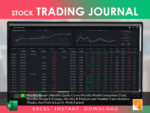 Stock Trading Journal Excel template by RocketSheets showing a monthly report with an equity curve, profit comparison chart, account changes, and detailed trade statistics including R-multiple and profit factor.