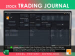 Stock Trading Journal Excel template by RocketSheets showing settings options for profile photo upload, chart settings, currency settings, broker fee settings, log retention, and trade evaluation settings.