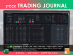 Stock Trading Journal Excel template by RocketSheets, showing a trade review section with trade filtering, trade statistics, evaluation summary, and fields for detailed trade notes, emotions, and causes of error.