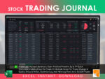 Stock Trading Journal Excel template by RocketSheets, displaying a detailed trade log with account summary, open position preview, SL & TP calculator, equity changes, and the ability to log up to 10,000 trades.