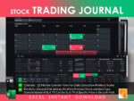 Stock Trading Journal Excel template by RocketSheets, showing a 12-month calendar view for daily cumulative profits and trades, along with portfolio risk settings, preview, and scenario analysis for setting stop loss and target price.