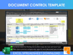 Document Control Template Excel spreadsheet report by RocketSheets displaying a filterable document summary based on date range, document type, and report type, with approval status and total document counts.