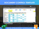 Document Control Template Excel spreadsheet report by RocketSheets displaying a filterable document summary based on date range, document type, and report type, with approval status and total document counts.